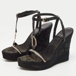 Dior Black Leather Floral Embroidered Wedge Ankle Wrap Sandals Size 38