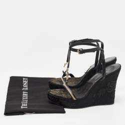 Dior Black Leather Floral Embroidered Wedge Ankle Wrap Sandals Size 38