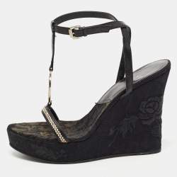 Dior Black Leather Floral Embroidered Wedge Ankle Wrap Sandals Size 38