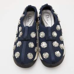 Pre Owned Dior Navy Blue Crystal Embellished Mesh Fusion Sneakers Size 37.5