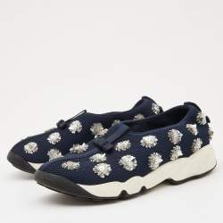 Pre Owned Dior Navy Blue Crystal Embellished Mesh Fusion Sneakers Size 37.5