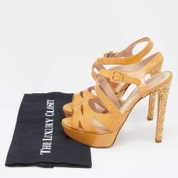 Dior Light Orange Patent Leather Cannage Heel Platform Ankle Strap Sandals Size 38.5