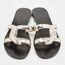 Dior Silver Leather Flat Slides Size 40.5 