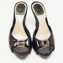 Pre Owned Dior Black Patent Leather Cannage Logo Details Slide Sandals Size 42