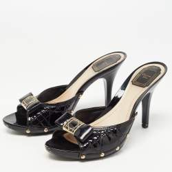 Pre Owned Dior Black Patent Leather Cannage Logo Details Slide Sandals Size 42