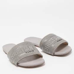 Dior Metal Grey Canvas Dway Flat Slide Sandals Size 36