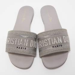 Dior Metal Grey Canvas Dway Flat Slide Sandals Size 36