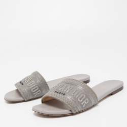 Dior Metal Grey Canvas Dway Flat Slide Sandals Size 36