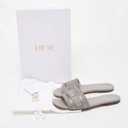 Dior Metal Grey Canvas Dway Flat Slide Sandals Size 36