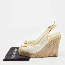 Dior White/Yellow Cannage Patent Leather Espadrille Wedge Slingback Sandals Size 41