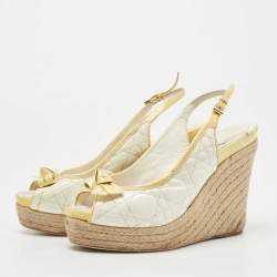 Dior White/Yellow Cannage Patent Leather Espadrille Wedge Slingback Sandals Size 41