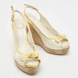 Dior White/Yellow Cannage Patent Leather Espadrille Wedge Slingback Sandals Size 41