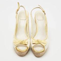 Dior White/Yellow Cannage Patent Leather Espadrille Wedge Slingback Sandals Size 41