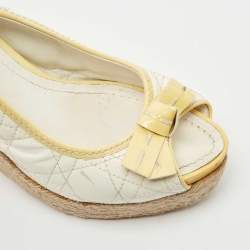 Dior White/Yellow Cannage Patent Leather Espadrille Wedge Slingback Sandals Size 41