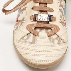 Pre Owned Dior Cream/Brown Oblique Canvas and Leather Floral Embroidered Low Top Sneakers Size 34
