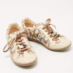 Pre Owned Dior Cream/Brown Oblique Canvas and Leather Floral Embroidered Low Top Sneakers Size 34