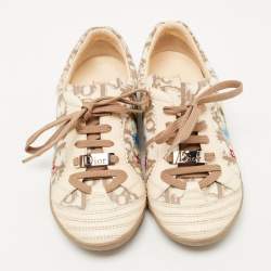 Pre Owned Dior Cream/Brown Oblique Canvas and Leather Floral Embroidered Low Top Sneakers Size 34