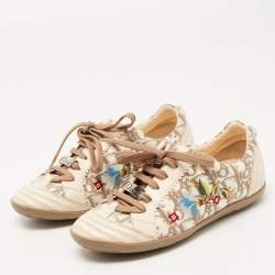 Pre Owned Dior Cream/Brown Oblique Canvas and Leather Floral Embroidered Low Top Sneakers Size 34