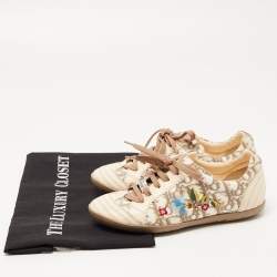 Pre Owned Dior Cream/Brown Oblique Canvas and Leather Floral Embroidered Low Top Sneakers Size 34