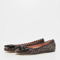 Pre Owned Dior Black/Pink Laser Cut Leather Bow Ballet Flats Size 36