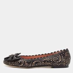 Pre Owned Dior Black/Pink Laser Cut Leather Bow Ballet Flats Size 36