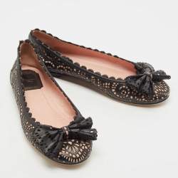 Pre Owned Dior Black/Pink Laser Cut Leather Bow Ballet Flats Size 36