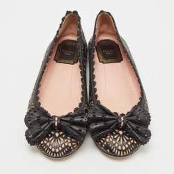 Pre Owned Dior Black/Pink Laser Cut Leather Bow Ballet Flats Size 36