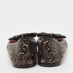Pre Owned Dior Black/Pink Laser Cut Leather Bow Ballet Flats Size 36