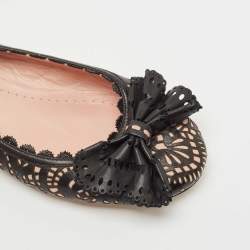 Pre Owned Dior Black/Pink Laser Cut Leather Bow Ballet Flats Size 36