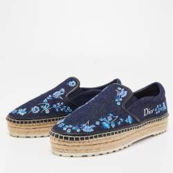 Dior Blue Floral Embroidered Denim Prairie Espadrille Sneakers Size 37