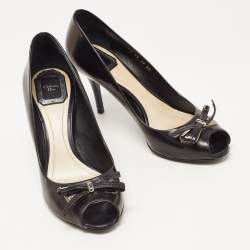 Pre Owned Dior Black Leather Bow Peep Toe Pumps Size 39
