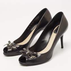Pre Owned Dior Black Leather Bow Peep Toe Pumps Size 39