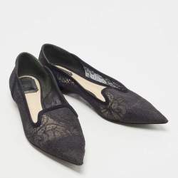 Pre Owned Dior Navy Blue Lace and Suede Pointed Toe Ballet Flats Size 39