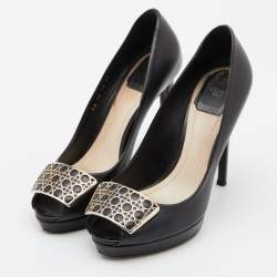 Pre Owned Dior Black Leather Cannage Plaque Peep Toe Platform Pumps Size 38