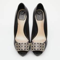 Pre Owned Dior Black Leather Cannage Plaque Peep Toe Platform Pumps Size 38