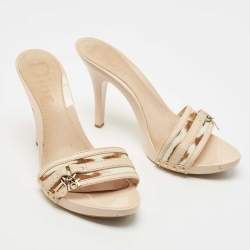 Dior Beige Leather and Canvas Slide Sandals Size 39