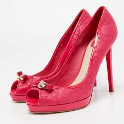 Dior Pink Cannage Leather and Patent  Bow Peep Toe Pumps Size 41