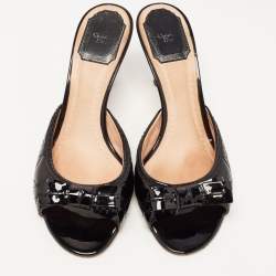 Pre Owned Dior Black Patent Leather Bow Slide Sandals Size 37