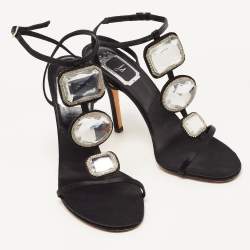 Dior Black Satin Crystal Embellished T-Strap Sandals Size 37.5