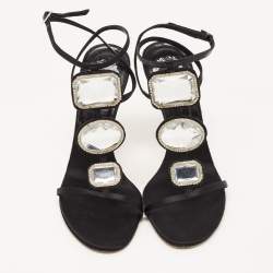 Dior Black Satin Crystal Embellished T-Strap Sandals Size 37.5