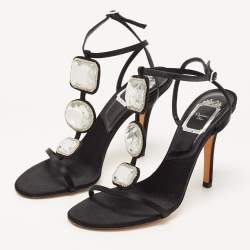 Dior Black Satin Crystal Embellished T-Strap Sandals Size 37.5