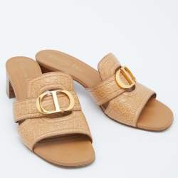 Dior Beige Croc Embossed Leather CD Logo Montaigne Block Heel Slide Sandals Size 39