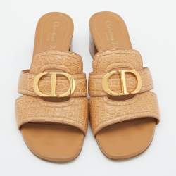 Dior Beige Croc Embossed Leather CD Logo Montaigne Block Heel Slide Sandals Size 39