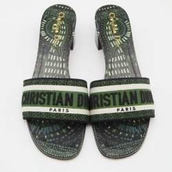 Dior Green Embroidered Canvas Dway Slide Sandals Size 38.5