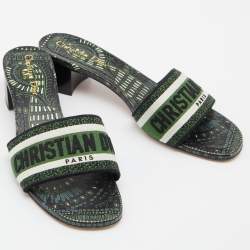 Dior Green Embroidered Canvas Dway Slide Sandals Size 38.5