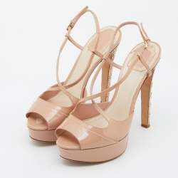 Dior Beige Patent Leather Cannage Heel Platform Sandals Size 38.5