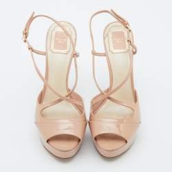 Dior Beige Patent Leather Cannage Heel Platform Sandals Size 38.5
