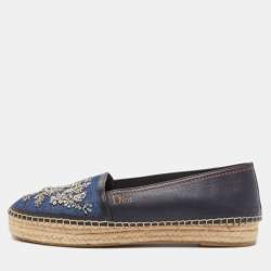 Pre Owned Dior Blue Leather and Canvas Crystal Embellished Flat Espadrilles Size 39.5