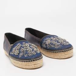 Pre Owned Dior Blue Leather and Canvas Crystal Embellished Flat Espadrilles Size 39.5