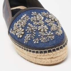 Pre Owned Dior Blue Leather and Canvas Crystal Embellished Flat Espadrilles Size 39.5